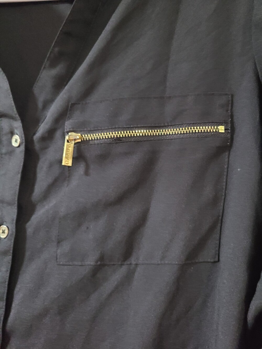 Calvin Klein Black roll-sleeve utility Button-Front Shirt Gold Zipper Accents - Picture 2 of 16